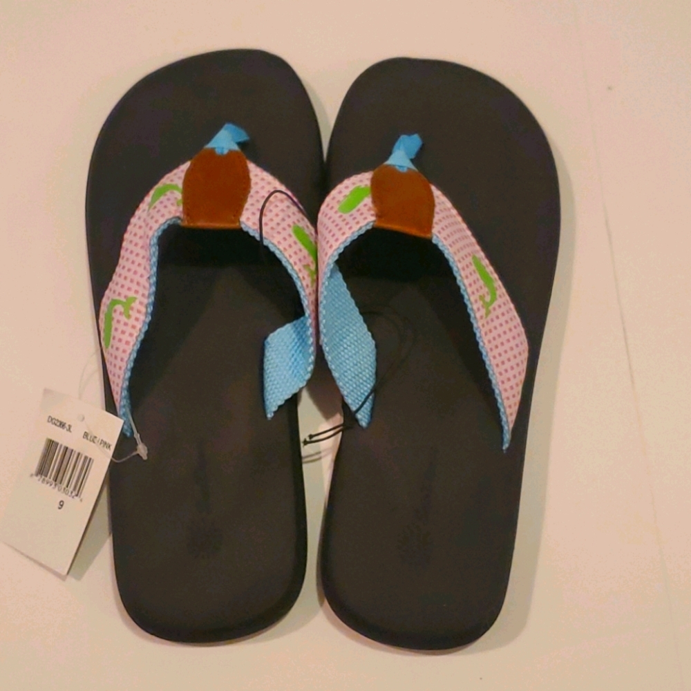 Whale print flip flops